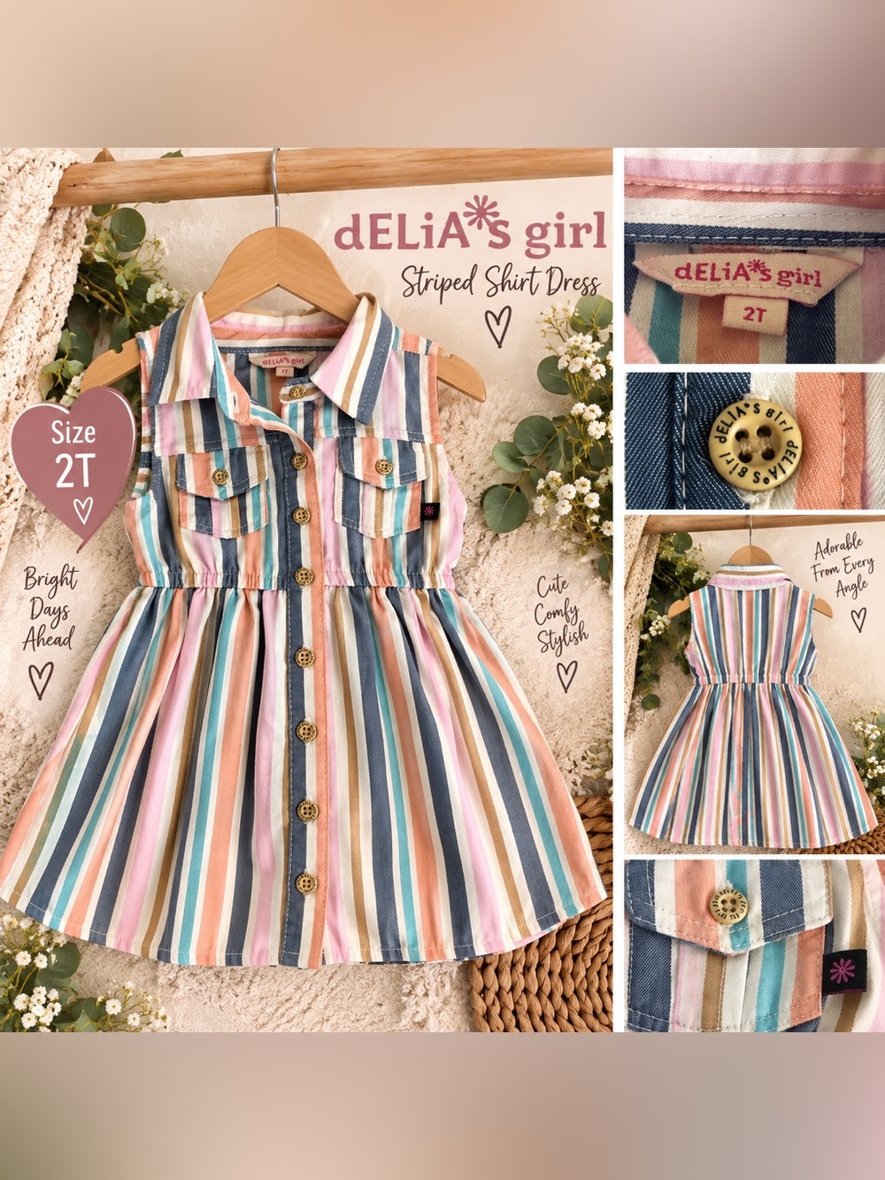 dELiA*s Girl 2T Multicolor pastel Striped Button Front Shirt Dress